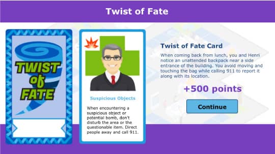 To add to the board game feeling, the training includes randomized Twist of Fate cards that feature different protocol violations.