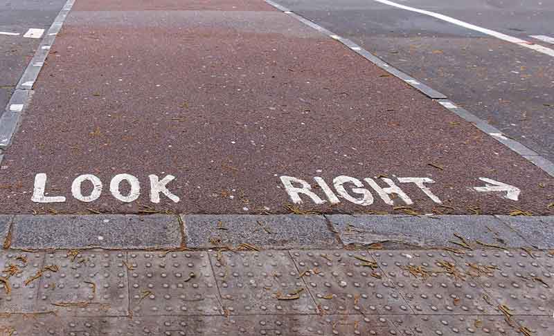 Look right sign on street pavement in London
